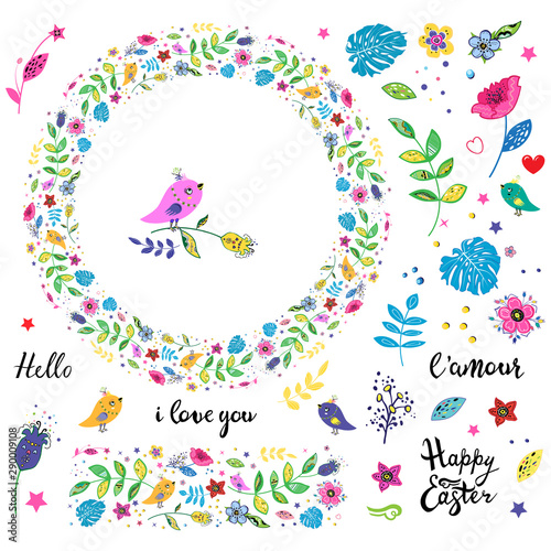Colorful floral garland with birds  botanical elements  border and lettering isolated on white background. Vector illustration in doodle style for seasonal spring and summer design