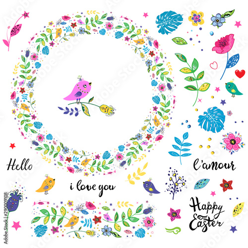 Colorful floral garland with birds, botanical elements, border and lettering isolated on white background. Vector illustration in doodle style for seasonal spring and summer design