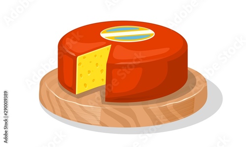 Wheel of delicious yellow holed cheese covered red wax is on round wood cutting board. Source of protein. Best for breakfast sandwiches, snack. Vector cartoon realistic isolated on white background.