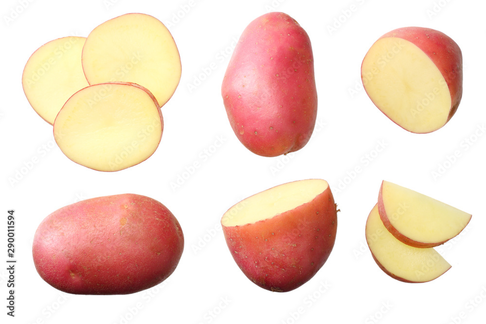 Raw red potato with slices isolated on white background. top view Raw red potato with slices isolated on white background. top view