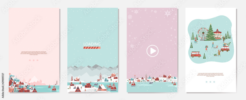 Set of Mobile App Page with Christmas Market landscape, houses in the Scandinavian style and people walking, snowboarding, sledding, ice skating, skiing. Editable vector illustration.