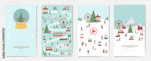 Set of Mobile App Page with Christmas Market landscape, houses in the Scandinavian style and people walking, snowboarding, sledding, ice skating, skiing. Editable vector illustration.