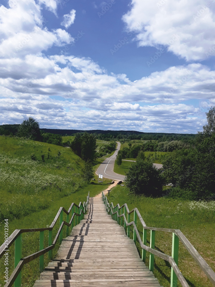 Landscape - meadows, forests, space and a wooden staircase