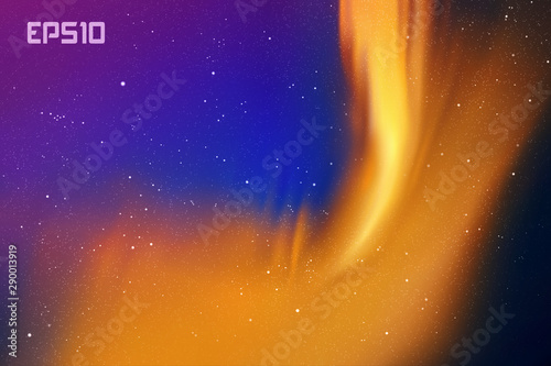 Night starry sky. Northern lights. Purple blue yellow aurora borealis