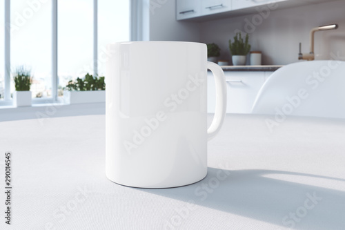 White mug on a table in the kitchen   Mockup   3D rendering