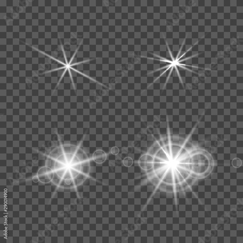 Set of vector lens flare effect. Round isolated transparent optical elements with rays. Space star explosion.