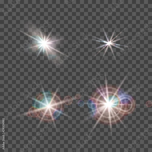 Set of vector lens flare effect. Round isolated transparent optical elements with rays. Space star explosion.
