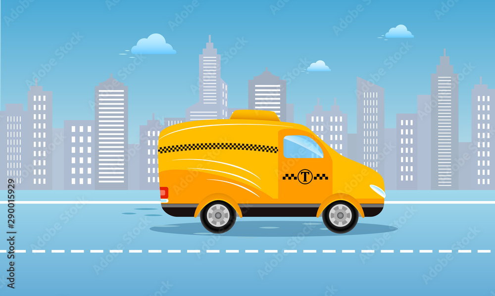 Taxi service concept. Yellow car or cab waiting on a city street background. Vector illustration for banner, poster or flyer template.