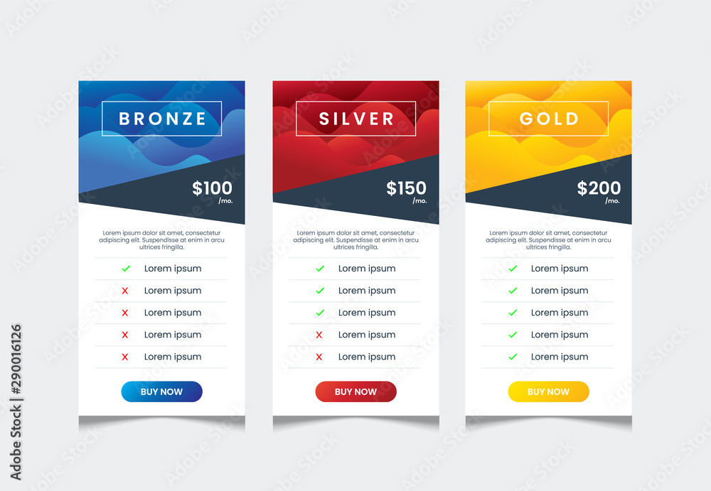 3 columns of price list table desing template, comparative table, infographic tariff vector