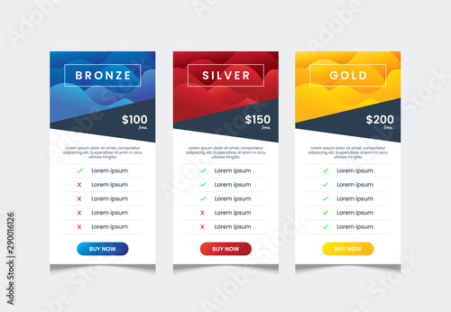 3 columns of price list table desing template, comparative table, infographic tariff vector
