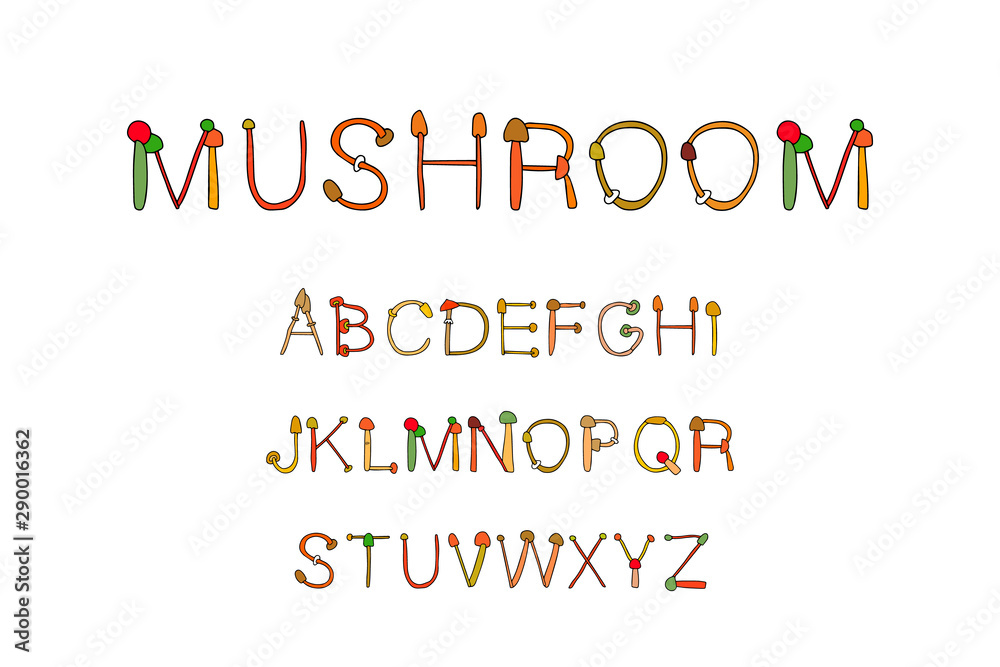 Mushroom hand drawn vector illustration abc alphabet in cartoon style colorful types of plants Mushroom hand drawn vector illustration abc alphabet in cartoon style colorful types of plants