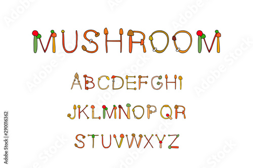Mushroom hand drawn vector illustration abc alphabet in cartoon style colorful types of plants