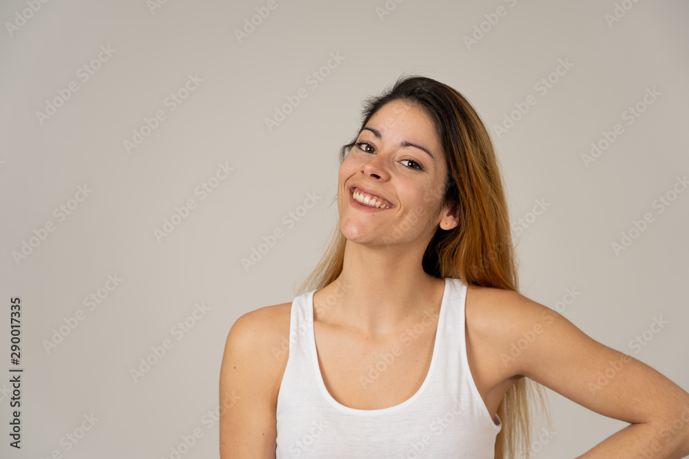 Human expressions and emotions. Close up of young attractive cheerful woman with smiling happy face Human expressions and emotions. Close up of young attractive cheerful woman with smiling happy face
