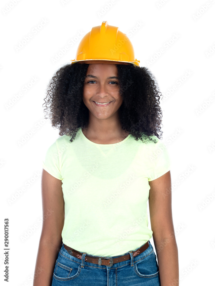 Teenager girl with yellow construction helmet Teenager girl with yellow construction helmet