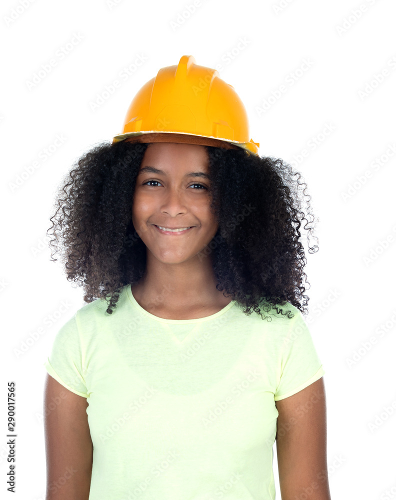 Teenager girl with yellow construction helmet Teenager girl with yellow construction helmet