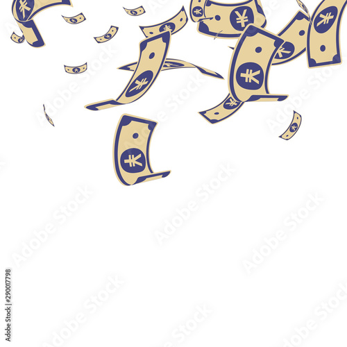 Chinese yuan notes falling. Random CNY bills on wh