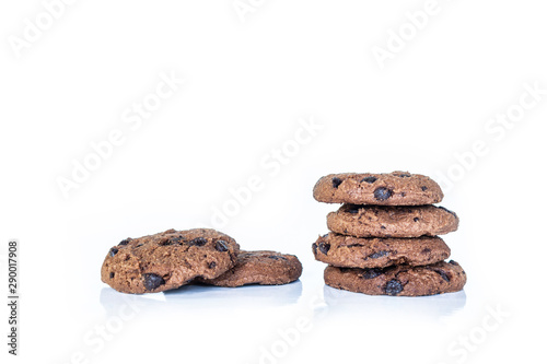 cookie chocolate stacked on white background.