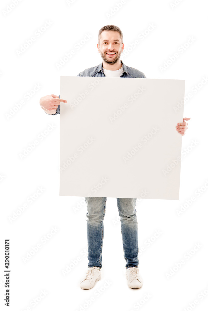 full length view of smiling bearded man holding blank placard isolated on white full length view of smiling bearded man holding blank placard isolated on white