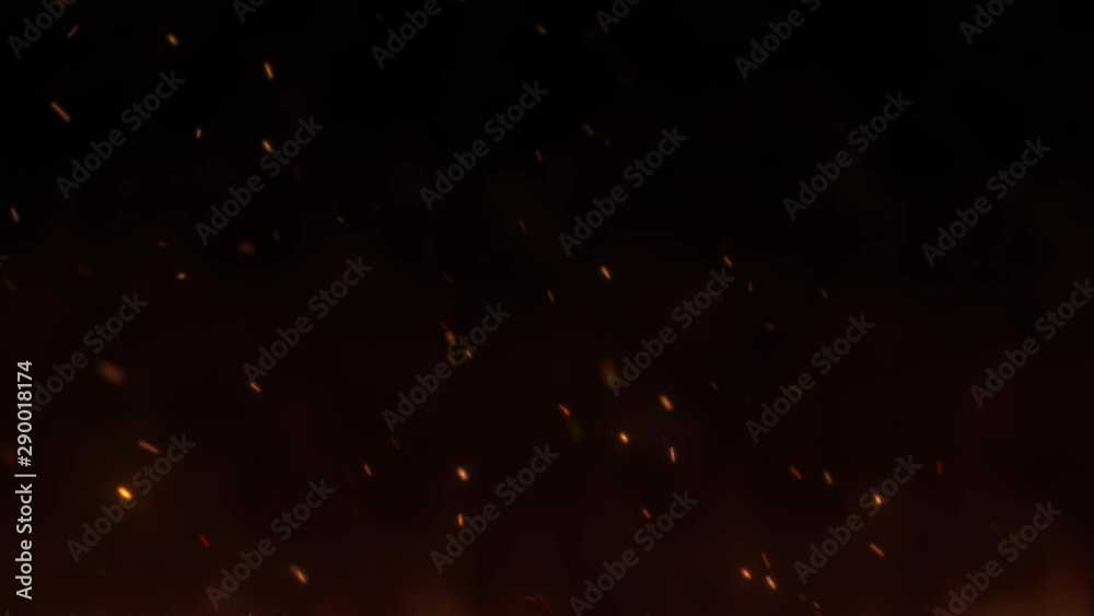 Burning flame with glowing hot sparks at night. Fire particles swarm with a smoke and ashes flying away over black background. Wildfire in motion 4K footage.