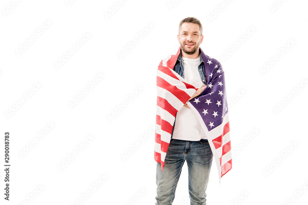 front view of smiling bearded man holding american flag isolated on white front view of smiling bearded man holding american flag isolated on white