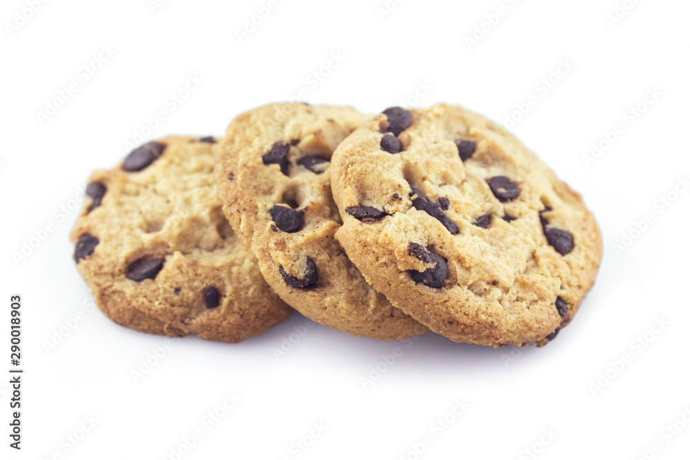 pile cookie chocolate on white background.