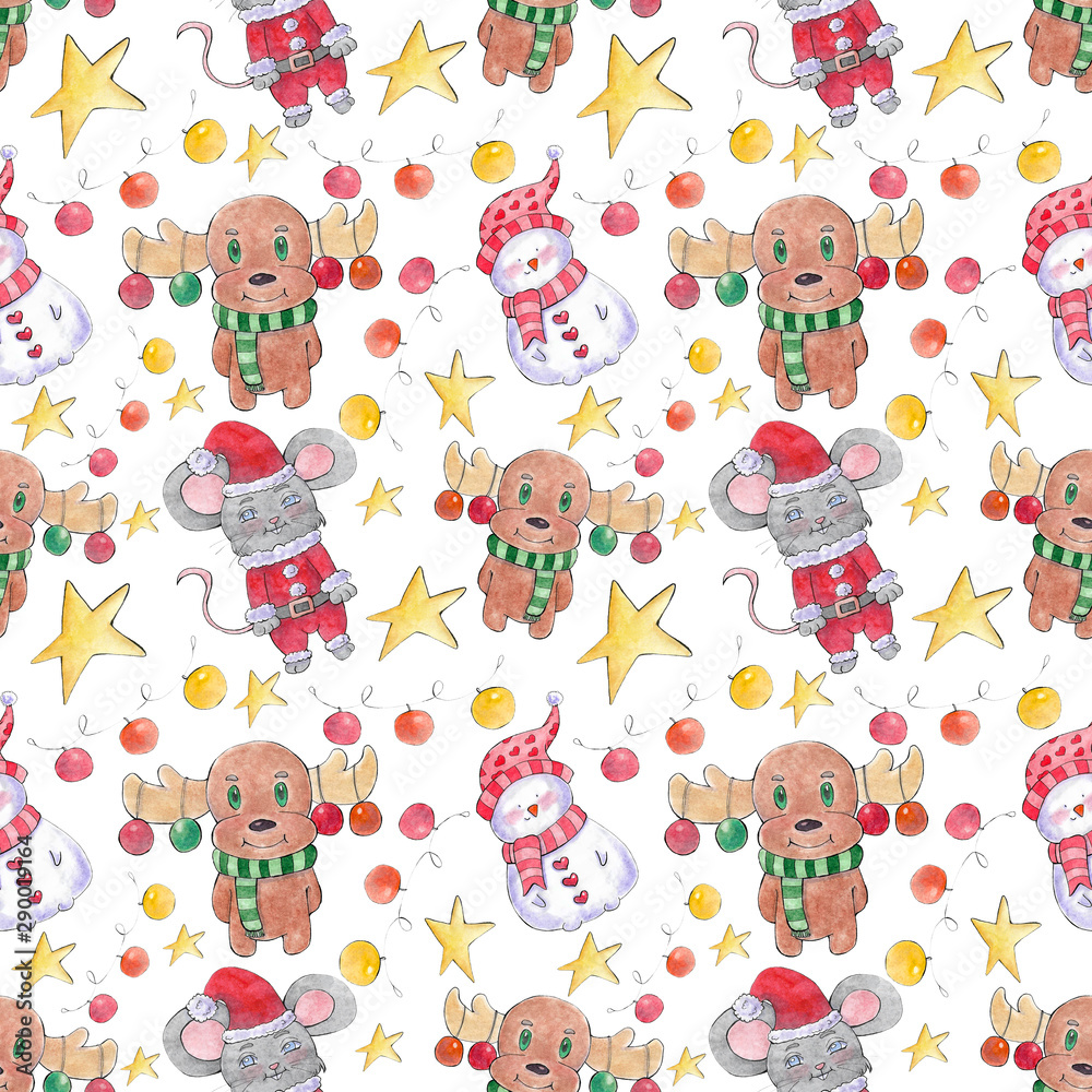 Christmas watercolor illustration Seamless pattern with brown deer, yellow stars and a rat in a Santa Claus costume