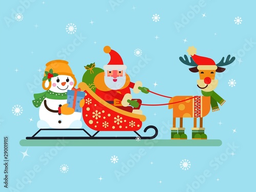 Santa Claus and snowman sitting in sleigh harnessed by deer vector illustrati...