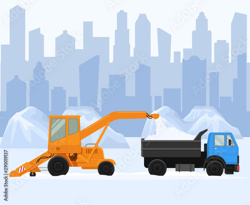 Snow removal in big city vector illustration. Two machine work and clean street, road. Snow remove blower loading pile of snow to lorry.