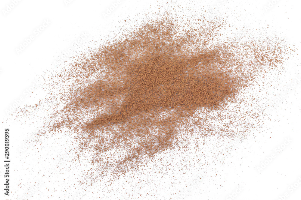 pile cocoa powder top view on white background.