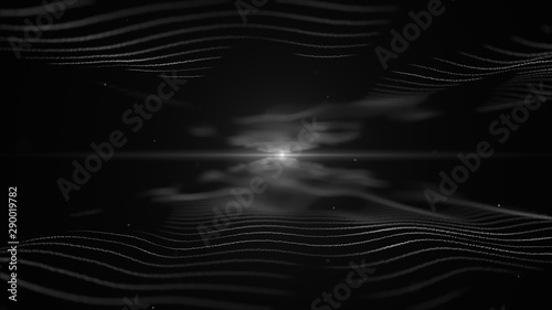 Abstract energy background. Imitation of white waves on black backdrop. Light blurred white blick is on the centre, and between the waves.