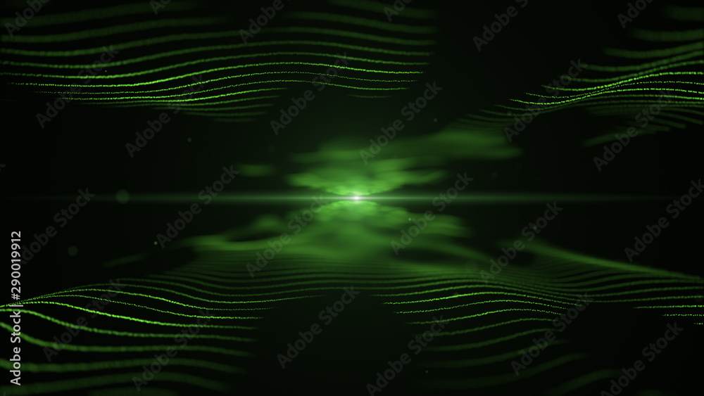 Abstract background. Green imitation of sound waves on black backdrop. Light blurred green blick is on the centre, and between the waves. Abstract background. Green imitation of sound waves on black backdrop. Light blurred green blick is on the centre, and between the waves.