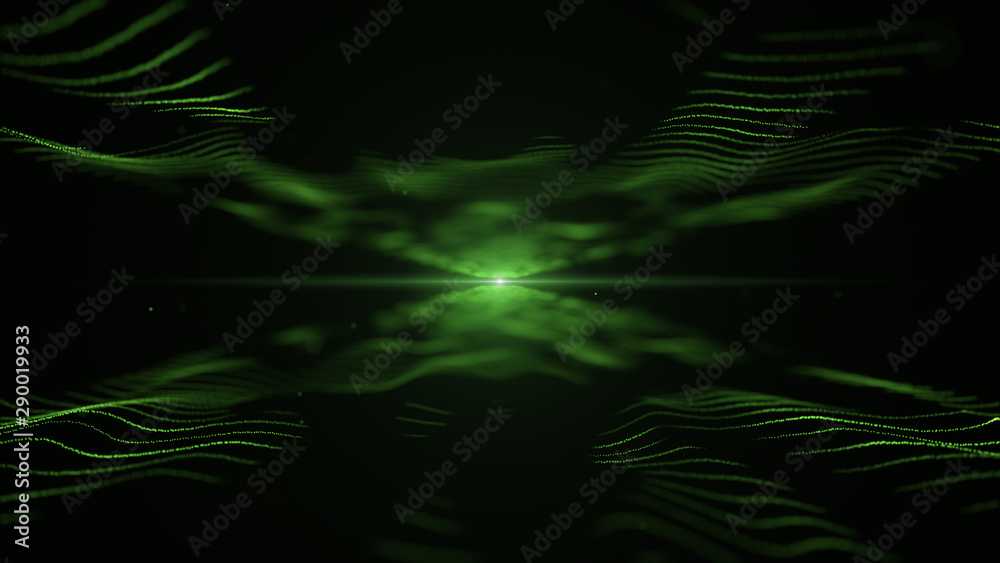 Abstract background. Green imitation of sound waves on black backdrop. Light blurred green blick is on the centre, and between the waves. Abstract background. Green imitation of sound waves on black backdrop. Light blurred green blick is on the centre, and between the waves.
