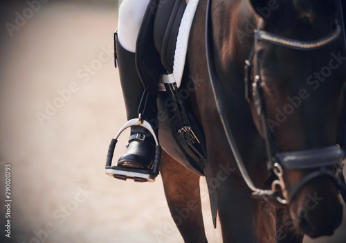 The leg of a skilled rider, sitting in the saddle on a Bay horse, in a black boot is inserted into the stirrup.