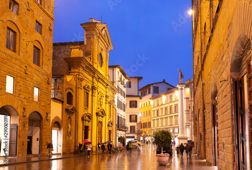 Evening Italian city street walk rainy weather.