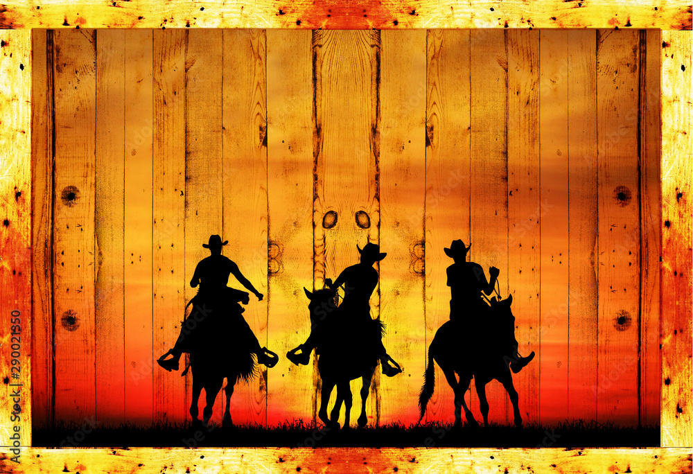 Φωτογραφία Silhouette of a cowboy riding a wild horse at sunset on a wooden sign