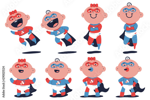 Cute superhero baby boy and girl vector cartoon characters set isolated on white background.