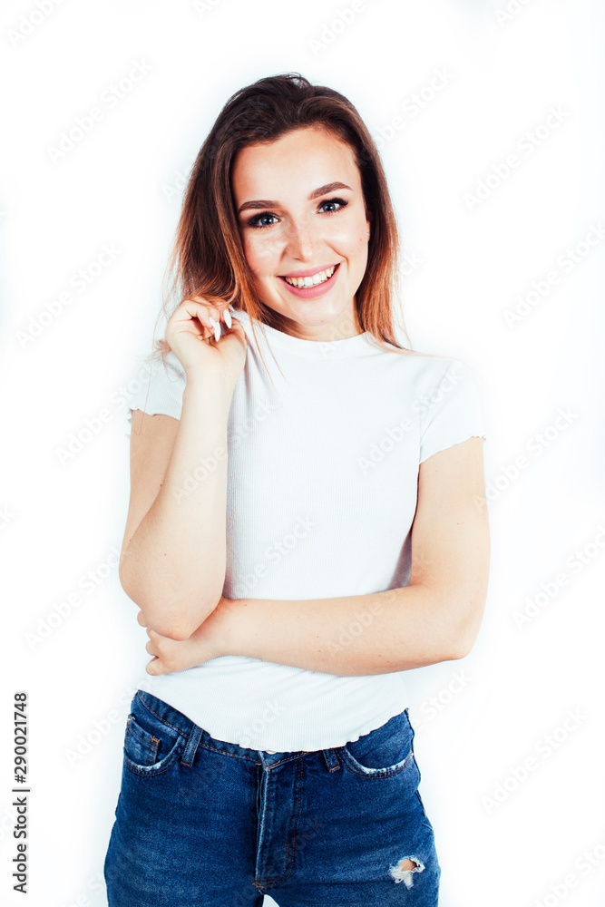 young pretty teenage hipster girl posing emotional happy smiling on white background, lifestyle people concept close up young pretty teenage hipster girl posing emotional happy smiling on white background, lifestyle people concept close up