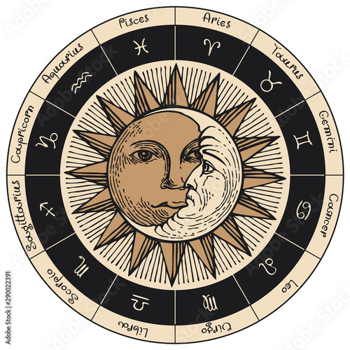 Vector circle of the Zodiac signs in retro style with icons, names, decorated with hand-drawn Sun and Moon in black and beige colors.