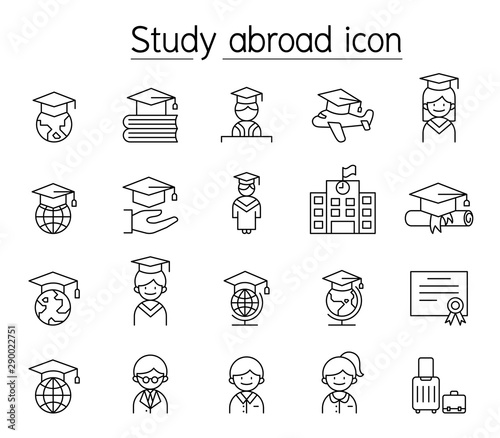 Study abroad icon set in thin line style