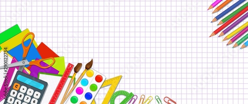 Back to school posters design with colorful realistic school supplies set with objects like pencils, paint brushes, color palette, scissors, ruler, notebooks on white background with grid pattern.