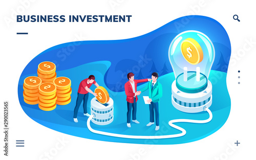 Application screen for business investment or process. Isometric page with team putting coins in coin acceptor and idea lamp. Crypto currency, dollar growth.Marketing, finance, money, teamwork concept