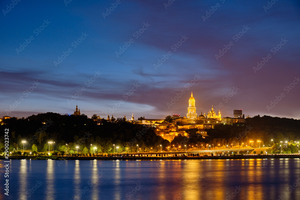 Kyiv Pechersk Lavra and  Dnieper River at night in Kyiv.
