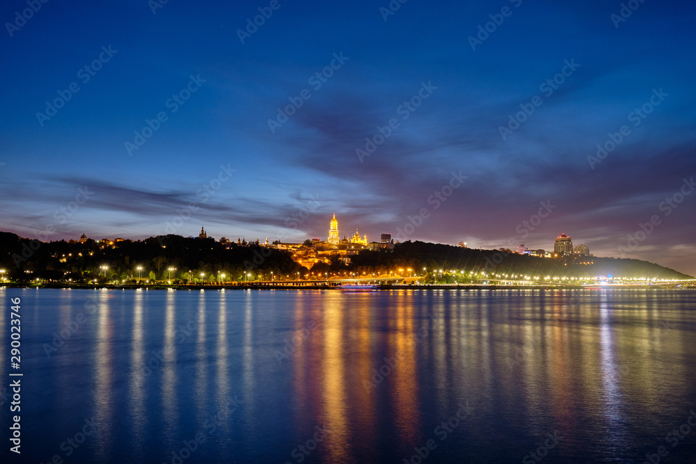 Kyiv Pechersk Lavra and  Dnieper River at night in Kyiv.
