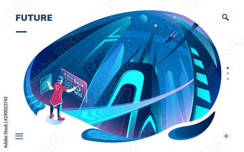 Futuristic template for smartphone application. Future technology for city control system. Virtual or augmented reality for town automation. Tower building and man with graph screen. Mobile app for VR