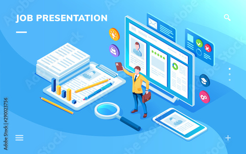Job presentation application screen or isometric page for work candidate CV or resume constructor. Smartphone app for recruitment agency or hiring business, vacancy search, employee.