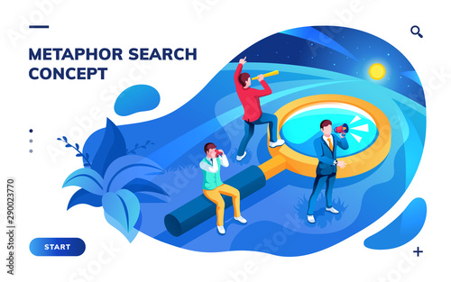 Isometric page for search concept. Metaphor for SEO and job, work, news and information searching. Analysis and optimization, monitoring and web surf app. Team with magnifying glass. Smartphone screen