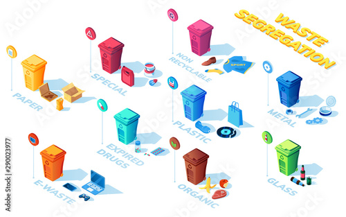 Isolated trash bins for waste segregation or garbage separation. Cardboard or paper, glass and plastic, expired drugs and electronic waste, organic and metal, non recyclable. Trash reuse concept