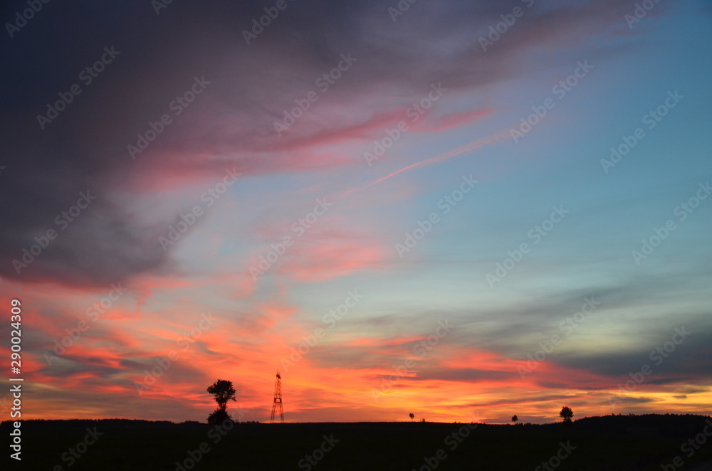 sundown, niebo, słońce, sylwetka, wschody, krajobraz, chmura, charakter, chmura, drzew, pomarańcz, dzisiejszy wieczór, piękne, wieczorny, lud, czerwień, blękit, lato, pola