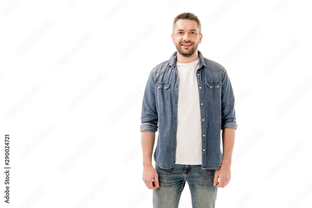 front view of smiling bearded man in denim shirt isolated on white front view of smiling bearded man in denim shirt isolated on white