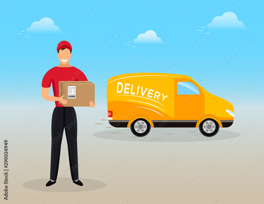 Fast delivery man in red uniform standing in front of delivery van and holding boxes. Fast delivery man in red uniform standing in front of delivery van and holding boxes.
